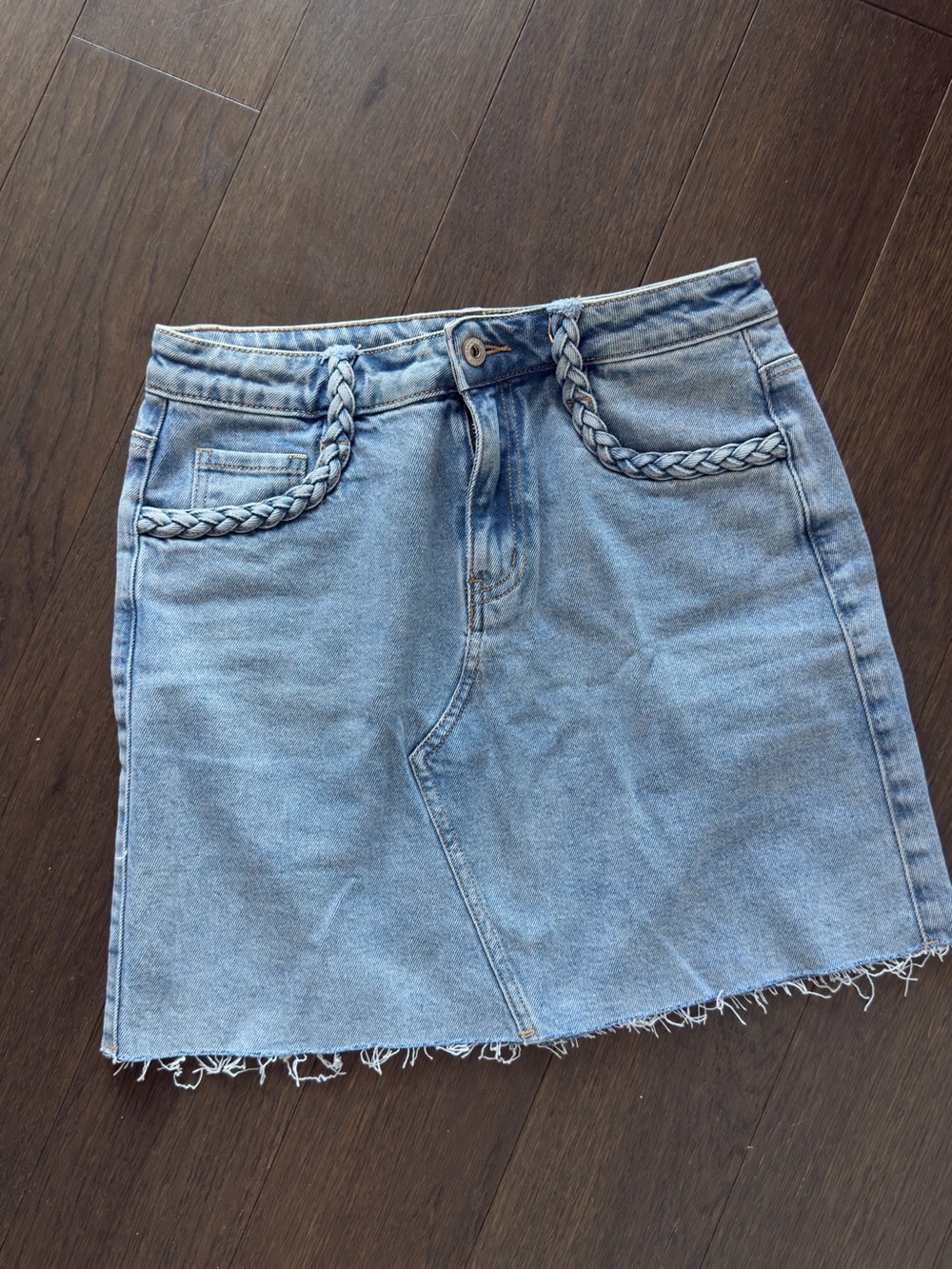 Light Blue Braided-Trim Denim Mini Skirt